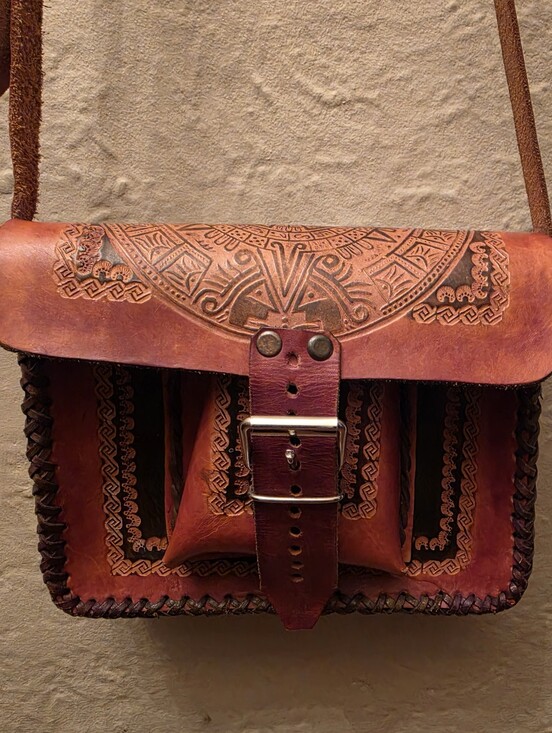 Hand Crafted Handbags - Vintage Hand Tooled Leather Aztec Calendar Crossbody Boho Purse